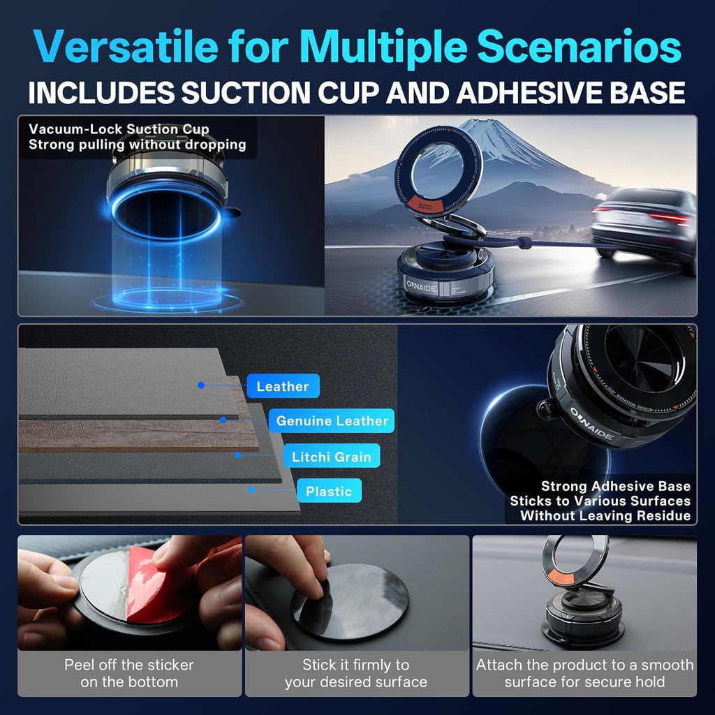 2025 Upgraded Magnetic Phone Holder,360°Adjustable Vacuum Suction Phone Holder, [ N55 Strongest Magnetic] Foldable Portable Magnetic Car Mount for iPhone MagSafe Series and All Phones