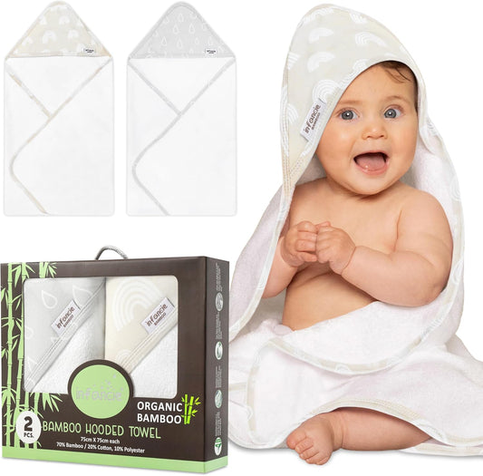 Baby Hooded Towel, Premium Bamboo Infant, 2-Pack, 75x75 cm, Soft Newborn Bath with Hood for Baby Girls & Boys (Grey/Beige)