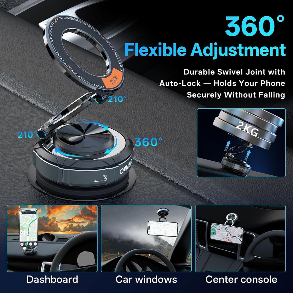 2025 Upgraded Magnetic Phone Holder,360°Adjustable Vacuum Suction Phone Holder, [ N55 Strongest Magnetic] Foldable Portable Magnetic Car Mount for iPhone MagSafe Series and All Phones