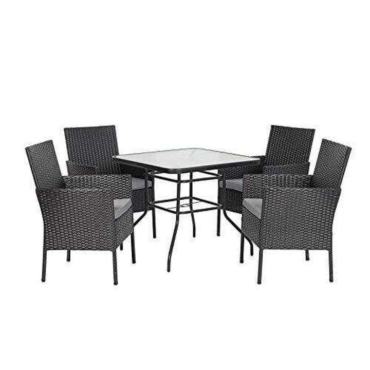 5 Piece Wicker Patio Dining Set. Outdoor Rattan Table and Chairs Sets for 4. Tempered Glass Top with Umbrella Hole Great for Deck Garden Yard Balcony. Black