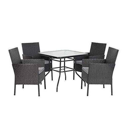 5 Piece Wicker Patio Dining Set. Outdoor Rattan Table and Chairs Sets for 4. Tempered Glass Top with Umbrella Hole Great for Deck Garden Yard Balcony. Black