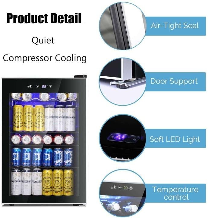 Beverage Refrigerator Cooler-120 Can Mini Fridge Glass Door for Soda Beer Wine Stainless Steel Glass Door Small Drink Dispenser Machine Digital Display for Home. Office Bar.4.5cu.ft