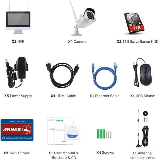 1080P Wireless System. 4CH FHD Wi-Fi NVR Video Surveillance System with 12LCD Monitor. Automatic Screen Saver. 4X 1080P Outdoor IP Camera with IR Night Vision. 1TB Hard Drive Included